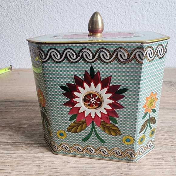 VINTAGE MCM English Tea Tin Canister with Lid Colorful Flowers - Picture 6 of 13